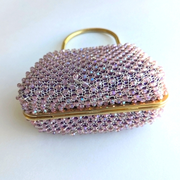 Bead Crochet Top Handle Kiss Lock Frame Bag Pink Purple Gold - Picture 3 of 11